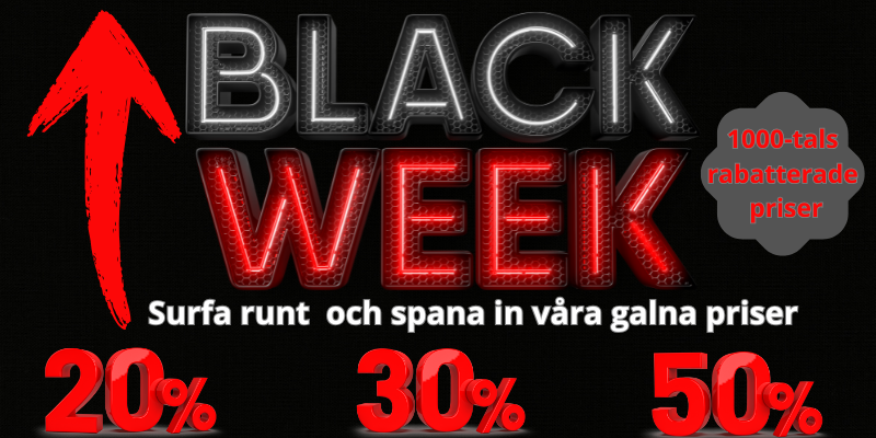 En mörk reklamgrafik med stora neonliknande texter som säger ”BLACK WEEK” i svart och rött. Överst pekar en stor röd pil upp mot texten. Under huvudrubriken står ”Surfa runt och spana in våra galna priser” i vit text. Längst ned syns siffrorna 20%, 30% och 50% i stora röda 3D-bokstäver. Till höger finns en grå pratbubbla med texten ”1000-tals rabatterade priser” på upplevstore.se